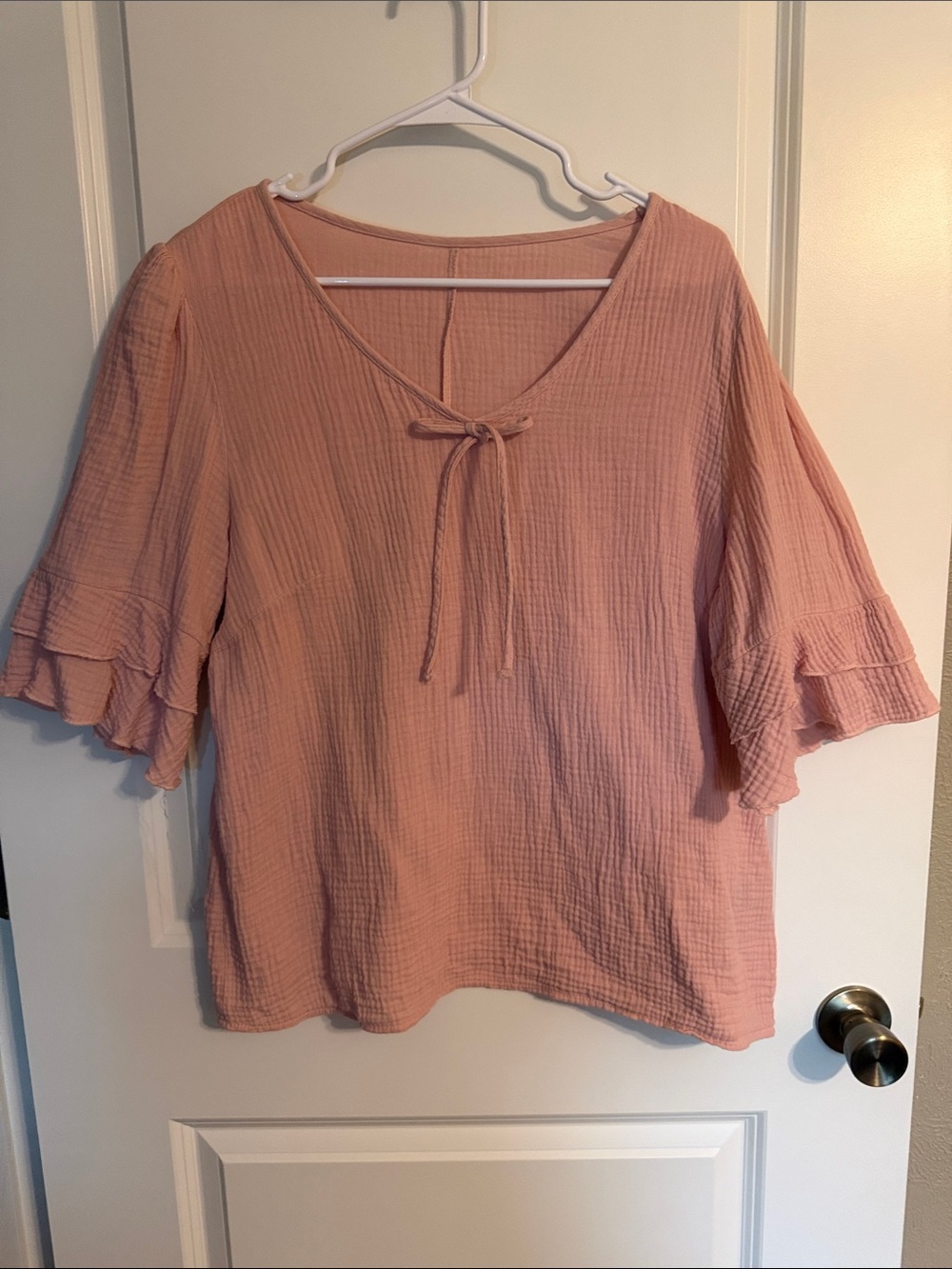 SHEIN Dusty Pink Tie-Front Ruffle Sleeve Blouse